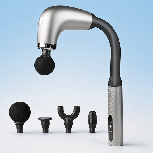 KyndRelief Premium Long Handle Massage Gun — product and inclusions