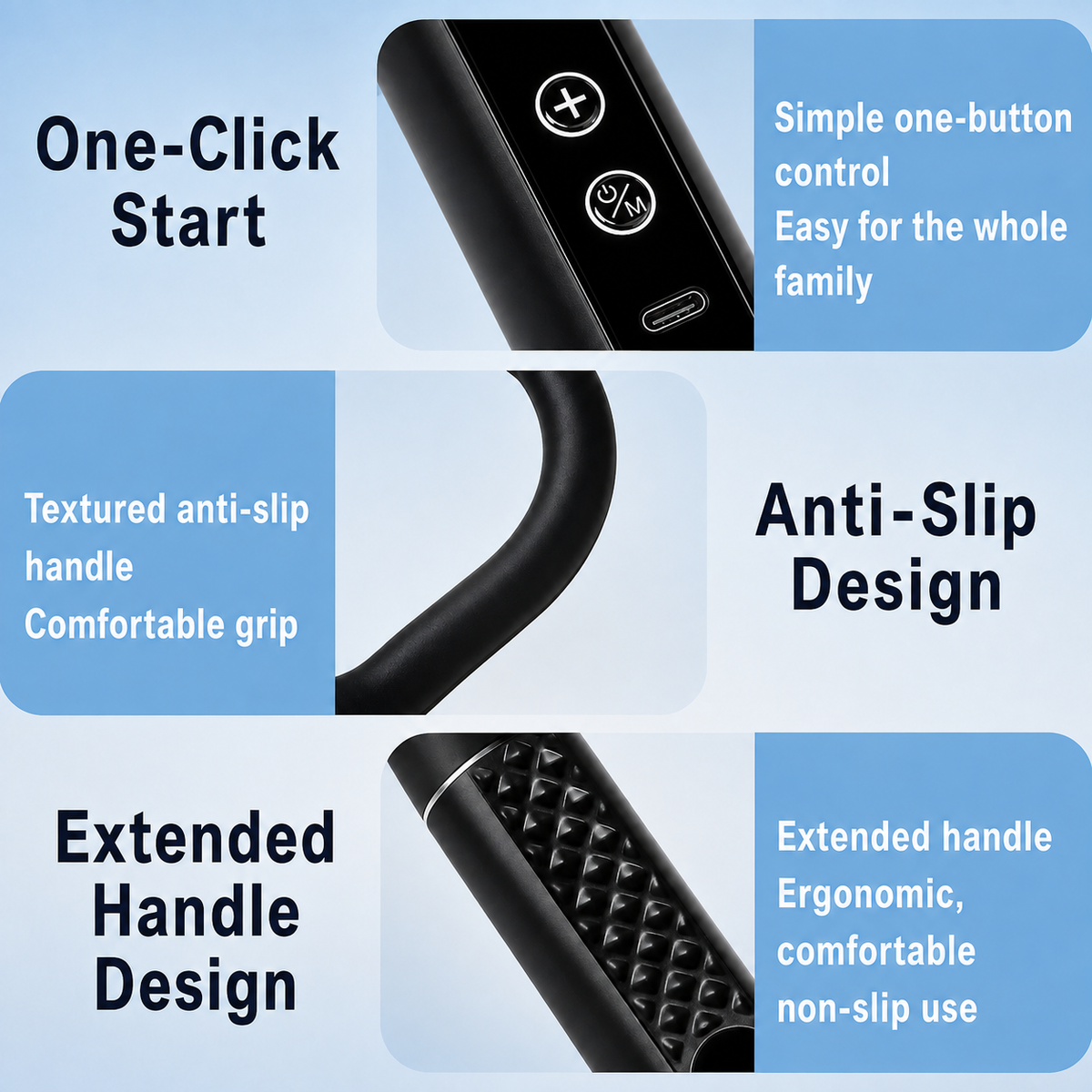 KyndRelief Premium Long Handle Massage Gun — controls and ergonomic handle