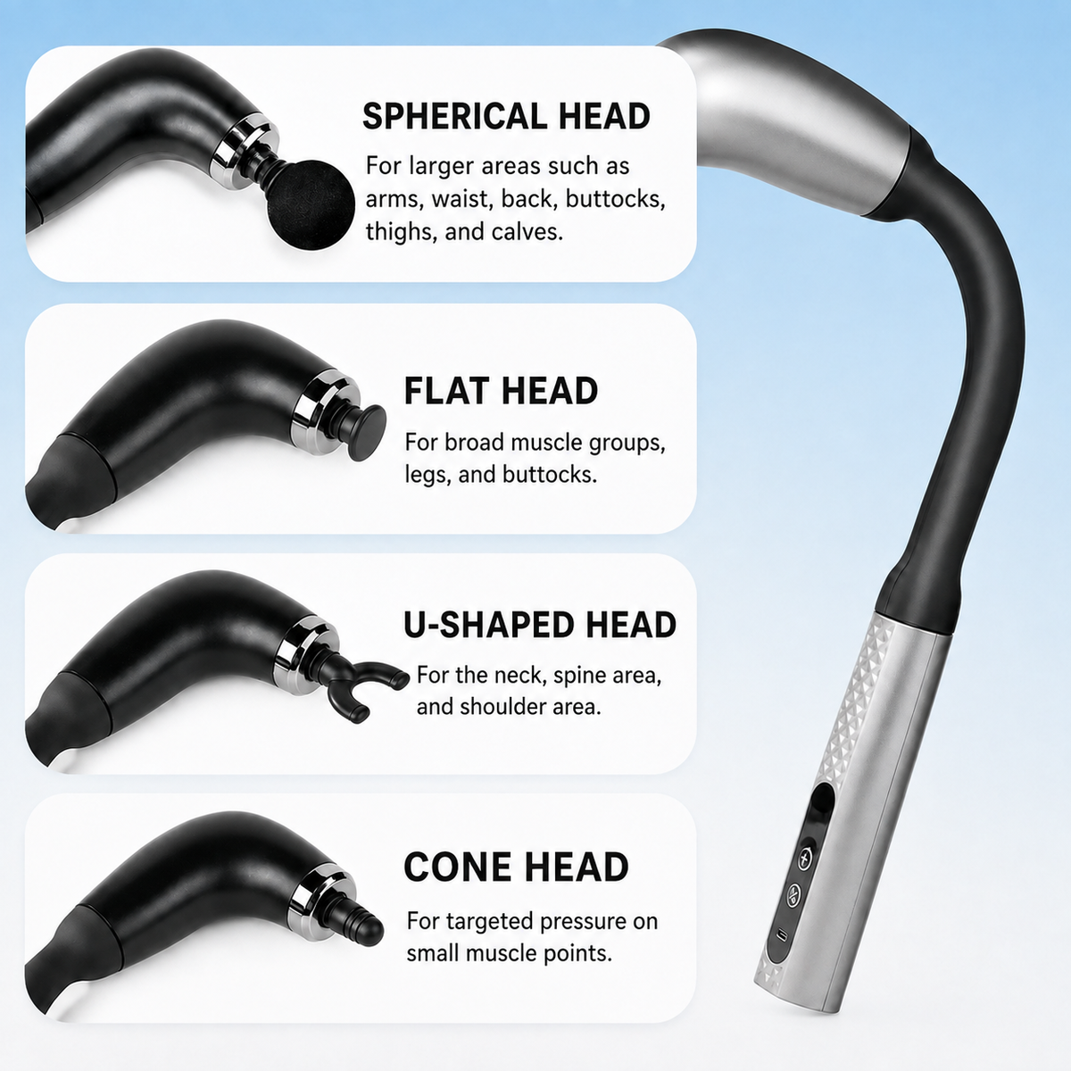 KyndRelief Premium Long Handle Massage Gun — four massage head system