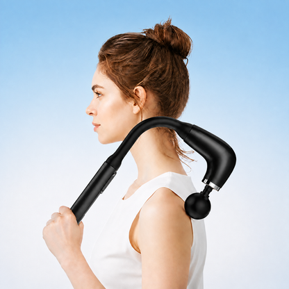 KyndRelief Premium Long Handle Massage Gun — black variant in use