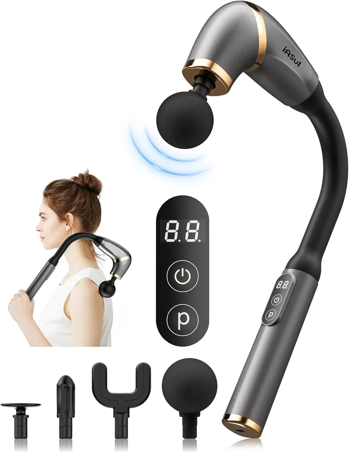Long reach massage gun shown in use on the back