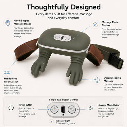 KyndRelief Premium Neck Shoulder Massager feature callouts and two-button control